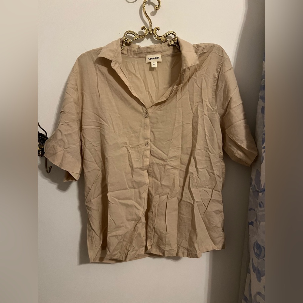 Open Edit beige button down short sleeve